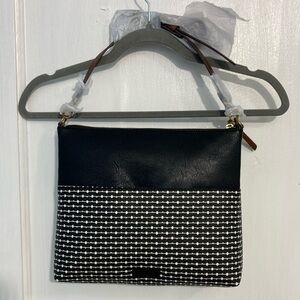 New With Tag Fossil Fiona Crossbody Purse Handbag Black & White Brass Accents